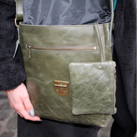 Messenger Medium Push through Bag Olive Green Leather
